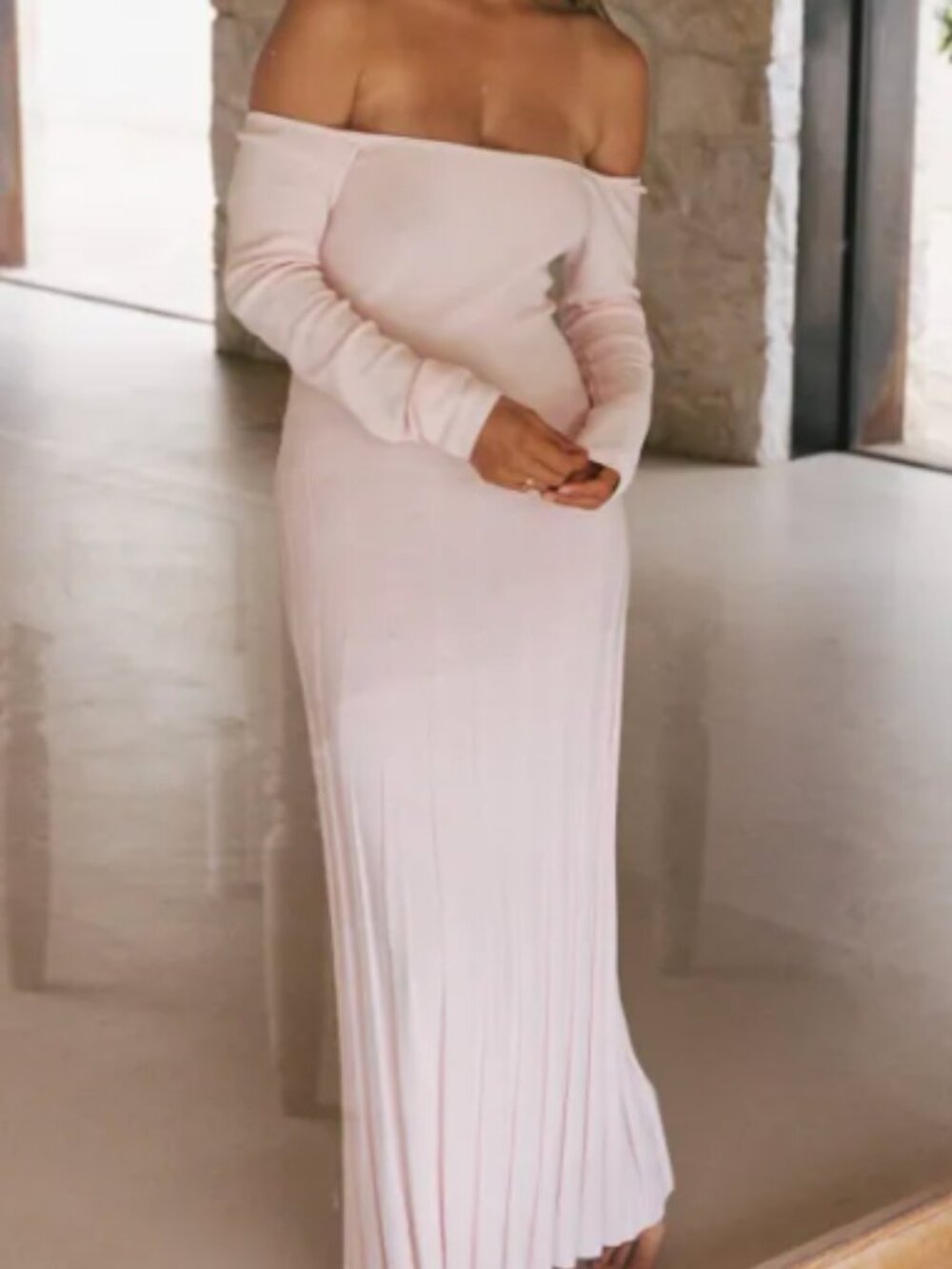 Meshki Blush Pink Off‑Shoulder Maxi Dress
